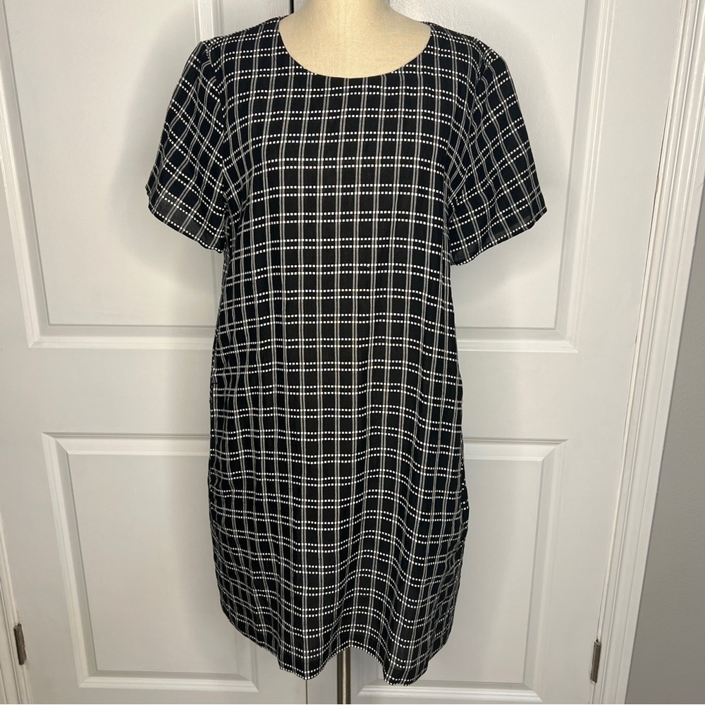Eileen Fisher Organic Linen Black and White Plaid Dress Size Medium
